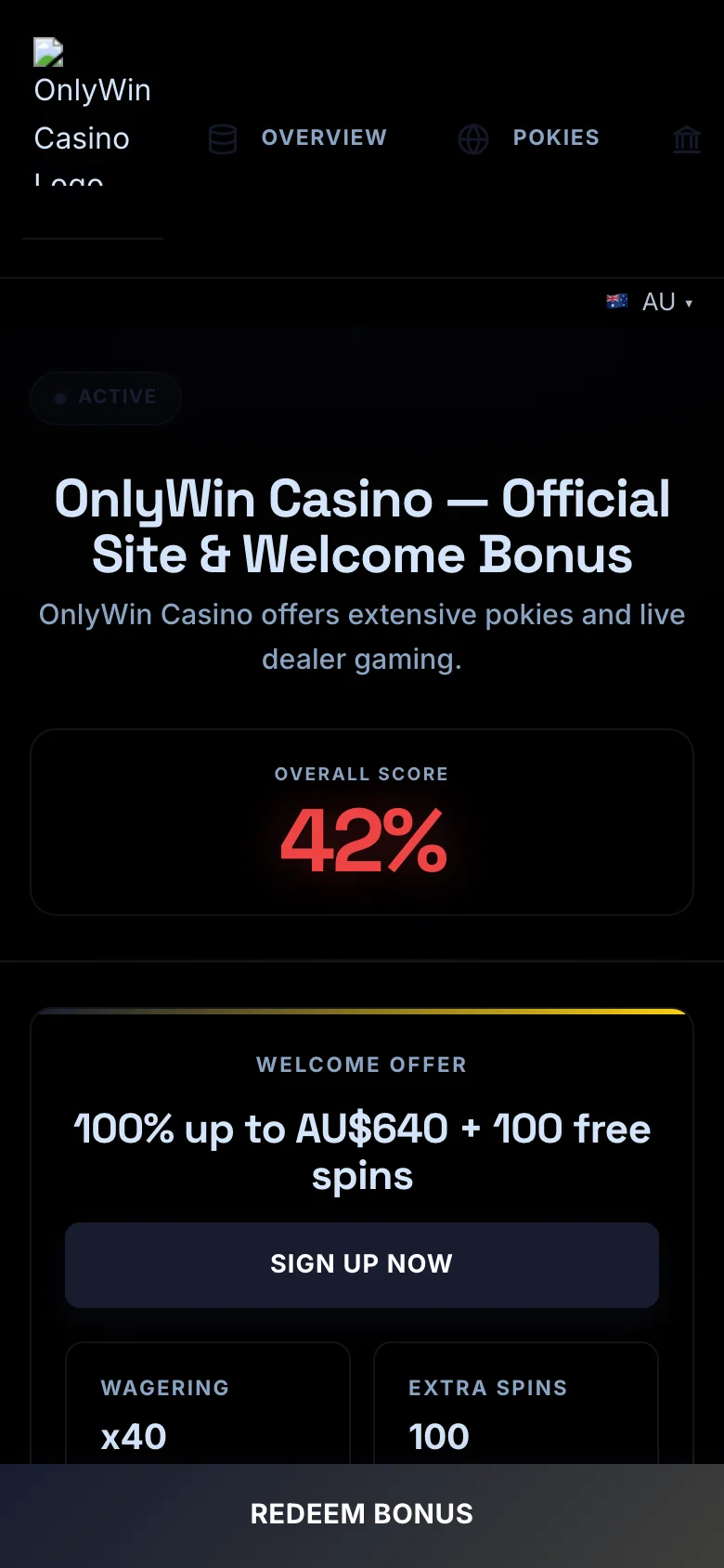 OnlyWin Casino mobile lobby screenshot