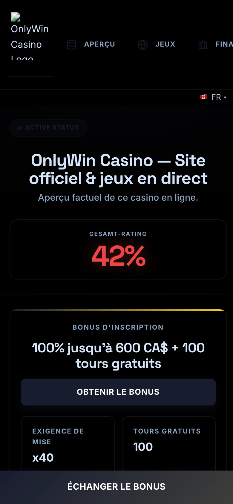 OnlyWin Casino mobile lobby screenshot